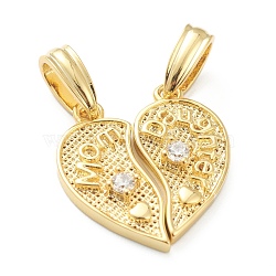Brass Cubic Zirconia Hanger Pendants, Long-Lasting Plated, Heart with Word Mom and Daughter, Real 18K Gold Plated, 19x17.5x3mm, Hole: 3mm(KK-E790-04G)