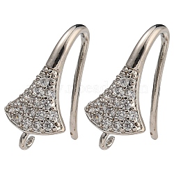 Brass Micro Pave Clear Cubic Zirconia Earring Hooks, Ear Wire, Fan, Cadmium Free & Lead Free, Platinum, 17x8.5x9mm, Hole: 1.2mm, 18 Gauge, Pin: 1mm(KK-R149-22P)