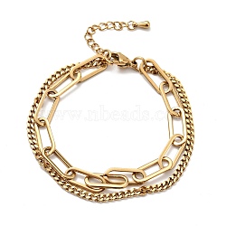PVD Vacuum Plating 201 Stainless Steel Paper & Curb Chains Double Layered Multi-strand Bracelet for Women, Long-Lasting Plated, Golden, 7-1/2 inch(19.2cm)(BJEW-A126-19G)