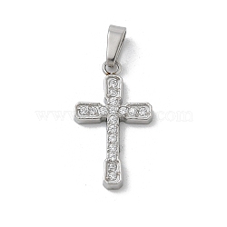 Ion Plating(IP) 304 Stainless Steel Micro Pave Cubic Zirconia Pendants, Cross Charms, Stainless Steel Color, 17.5x10x1.8mm, Hole: 4x2.5mm(STAS-Z107-08P-18)