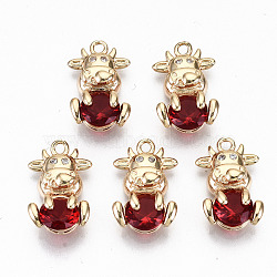 Brass Glass Rhinestone Pendants, with Micro Pave Clear Cubic Zirconia, Long-Lasting Plated, Cadmium Free & Lead Free, Cow, Light Gold, Siam, 15x10x5mm, Hole: 1.4mm(X-GLAA-S179-30B-RS)