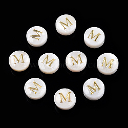 Natural Freshwater Shell Beads, with Golden Plated Brass Etched Metal Embellishments, Flat Round with Letter, Letter M, 7.5~8x4~5mm, Hole: 0.8mm(SHEL-N036-01M)