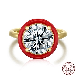 925 Sterling Silver Rings, Birthstone Ring, Real 18K Gold Plated, with Enamel & Cubic Zirconia for Women, Flat Round, Red, 1.8mm, US Size 7(17.3mm)(RJEW-A019-44B-02G)