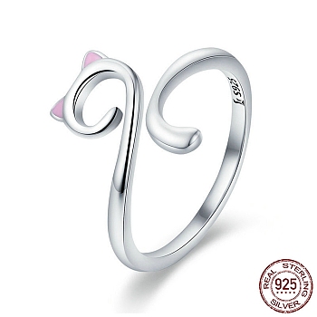 Adjustable 925 Sterling Silver Enamel Finger Cuff Rings, Open Rings, with 925 Stamp, Cat, Pink, 2~12mm
