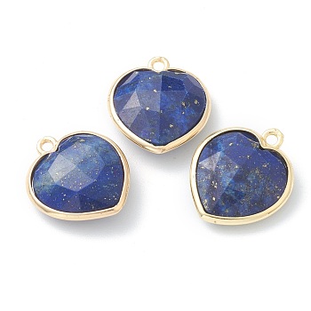 Natural Lapis Lazuli Pendants, with Golden Brass Edge, Faceted, Heart, 19x16.5x6~6.5mm, Hole: 1.6mm