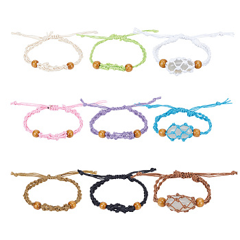 PandaHall Elite 9Pcs 9 Colors Waxed Cotton Cord Braided Bracelets, with Wood Beads, Macrame Pouch Empty Stone Holder for Adjustable Bracelet Making, Mixed Color, Inner Diameter: 2-1/4~3-1/8 inch(5.8~7.9cm), 1pc/color