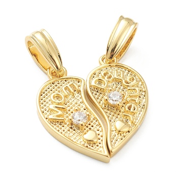 Brass Cubic Zirconia Hanger Pendants, Long-Lasting Plated, Heart with Word Mom and Daughter, Real 18K Gold Plated, 19x17.5x3mm, Hole: 3mm