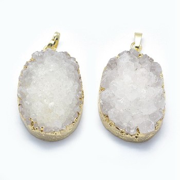 Natural Quartz Pendants, with Golden Tone Brass Findings, Oval, White, 42~42.5x26~31x11~16mm, Hole: 5x8mm