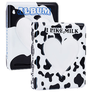 2 Books 2 Colors 3 Inch PVC Mini Love Heart Hollow Photocard Holder Book, Cow Pattern Cover Mini Photo Album with 36 Pockets, Black, 109.5x88x27.5mm, Inner Diameter: 93x65mm, 1 book/color