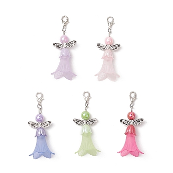 10Pcs 5 Colors Acrylic Pendant Decorations, Angel, with ABS Plastic Imitation Pearl and Alloy Clasps, Mixed Color, 57mm, 2pcs/color