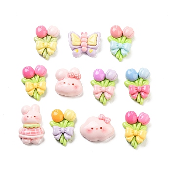 Cute Opaque Resin Decoden Cabochons, Rabbit/Flower/Clouds, Mixed Shapes, Mixed Color, 18~27x16.5~23x6.5~8mm