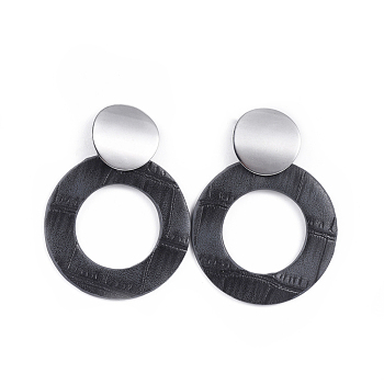 PU Leather Dangle Stud Earrings, with 304 Stainless Steel Stud Earring Findings, Ring, Gray, 57mm, pin: 0.8mm