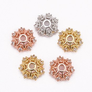 CZ Brass Micro Pave Cubic Zirconia Flower Bead Caps, Fancy Bead Caps, Cadmium Free & Nickel Free & Lead Free, Mixed Color, 8x3mm, Hole: 1mm