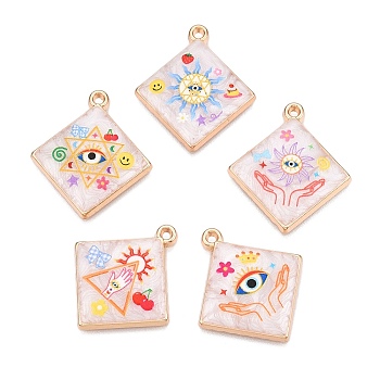 Printed Rack Plating Alloy Enamel Pendants, Golden, Rhombus with Evil Eye Charm, Mixed Shapes, 28x25x3.5mm, Hole: 1.5mm