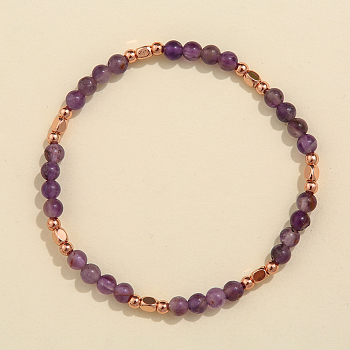 Natural Amethyst & Brass Bead Stretch Bracelets for Women, Rose Gold, 6-7/8 inch(17.5cm)