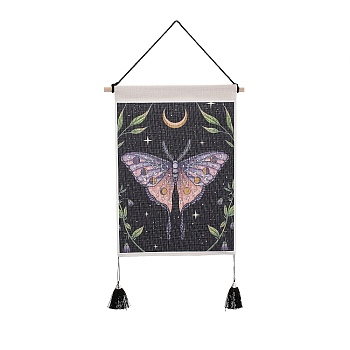 Bohemia Style Cloth Wall Hanging Tapestry, Vertical Tapestry, with Wood Rod & Iron Traceless Nail & Cord, for Home Decoration, Rectangle, Butterfly Pattern, 850mm