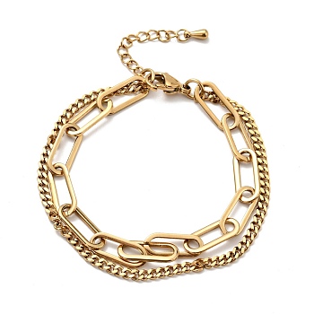 Vacuum Plating 201 Stainless Steel Paper & Curb Chains Double Layered Multi-strand Bracelet for Women, Golden, 7-1/2 inch(19.2cm)