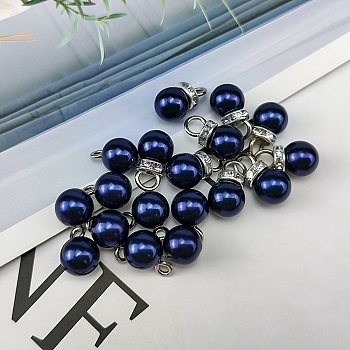 ABS Plastic Imitation Pearl Charms, with Resin Rhinestone, Round Charm, Midnight Blue, 13x8mm, Hole: 3mm