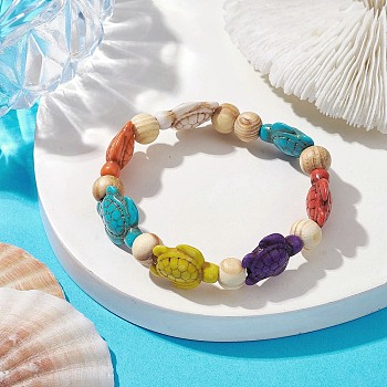 Beach Turtle Dyed Synthetic Turquoise Stretch Bracelets, Summer Wood Beaded Kid Bracelets for Girls, Colorful, Inner Diameter: 1-5/8~1-7/8 inch(4.05~4.85cm), Bead: 7x8~8.5mm, Turtle: 17~18x13~14mm