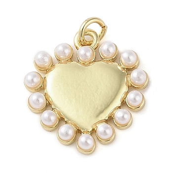 Brass Pendants, with ABS Imitation Pearl, Real 18K Gold Plated, Heart, 16.5x16x3mm, Hole: 1.6mm