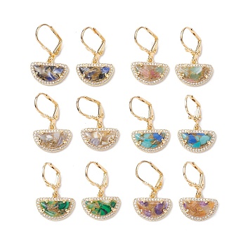 Brass Micro Pave Cubic Zirconia Leverback Earring, with Glass Finding, Half Round, Mixed Color, 30x17mm
