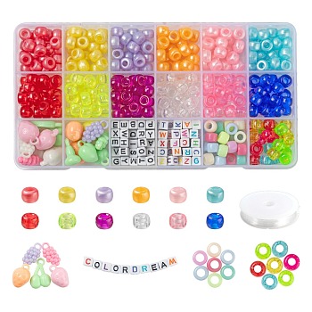 Beads & Pendants Kit for DIY Jewelry Making Finding Kit, Including Plastic Pearlized Beads, Transparent & Opaque Acrylic Beads & European Beads, Plastic Acrylic Fruit Pendants, Elastic Thread, Mixed Color, Beads: about 421pcs/set