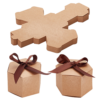 Brown Paper Gift Boxes, Hexagon Shape, with Ribbon, Wheat, 8.5x7.5x5.5cm