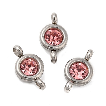 304 Stainless Steel Single Rhinestone Connector Charms, Flat Round Links, Stainless Steel Color, Light Rose, 12x6.5x4mm, Hole: 2mm