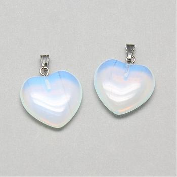 Opalite Pendants, with Iron Findings, Heart, Platinum, 21~22x20x4~5mm, Hole: 6x2mm