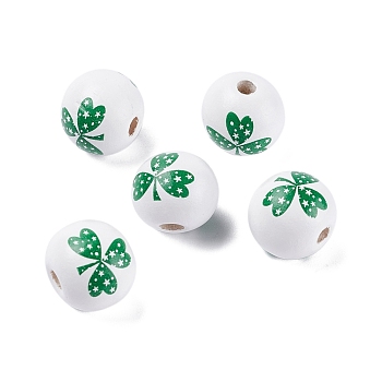 Saint Patrick's Day Theme Spray Painted Natural Wood Beads, with Clover Pattern, Dark Green, 15.5~16mm, Hole: 4mm