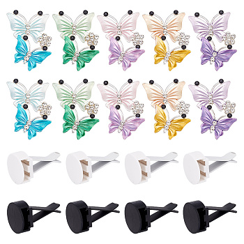 AHADERMAKER 10 Sets 2 Colors Self Adhesive Plastic Car Air Freshener Vent Clips, with Iron Finding, and 10Pcs 5 Colors  Zinc Alloy Rhinestone Butterfly Cabochons, Mixed Color, Butterfly: 49x38x3.5mm, Clips: 40x24mm