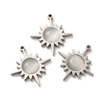 Cat Eye Pendants, with 304 Stainless Steel Findings, Sun Charm, Stainless Steel Color, 21x19x3.5mm, Hole: 1.4mm
