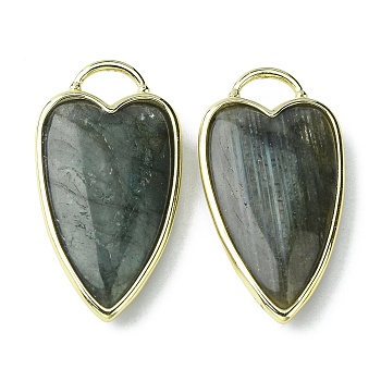 Natural Labradorite Pendants, Faceted Heart Charms, with Rack Plating Light Gold Plated Brass Edge, 34.5x18x7mm, Hole: 7x5mm