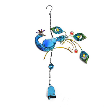 Iron Pendant Decorations, with Glass, Wind Chime, Home Decoration, Peacock, Deep Sky Blue, 470x250mm