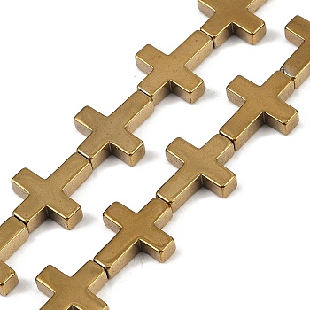 Electroplated Synthetic Non-magnetic Hematite Beads Strands, Cross, Golden Plated, 14x17x4mm, Hole: 1mm, about 23pcs/strand, 15.75''(40cm)