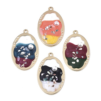 Epoxy Resin Pendants, with Shell and ABS Plastic Imitation Pearl, Light Gold Plated Alloy Open Back Bezel, Oval, Mixed Color, 38.5x24x5mm, Hole: 1.8mm