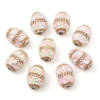 Handmade Indonesia Alloy Beads, with Resin Findings and Rhinestone, Column with Butterfly, Mixed Color, 26x18.5mm, Hole: 4.5mm