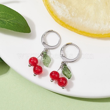 Cherry Glass with Acrylic Dangle Leverback Earrings(EJEW-JE05612)-2