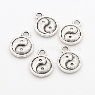 Feng Shui Tibetan Style Alloy Charms Pendants, Cadmium Free & Nickel Free & Lead Free, Flat Round Carved Yin Yang, Antique Silver, 10x2.5mm, Hole: 2mm(TIBEP-A039-AS-NF)