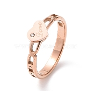 Crystal Rhinestone Heart with Word Love Finger Ring, Ion Plating(IP) 304 Stainless Steel Jewelry for Women, Rose Gold, US Size 6~9 1/4(16.5~19.1mm)(RJEW-D120-06RG)