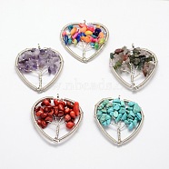 Tree of Life Natural & Synthetic Mixed Stone Bead Brass Wire Wrapped Heart Big Pendants, Cadmium Free & Nickel Free & Lead Free, Platinum, 45~50x48~52x6~9mm, Hole: 4~6mm(KK-L136-04-NR)