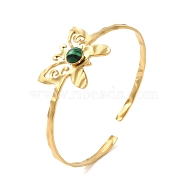 304 Stainless Steel Open Cuff Bangles, with Synthetic Malachite, Jewely Textured Bangles for Women, Real 18K Gold Plated, Butterfly, Inner Diameter: 2-1/4x2 inch(55.5x5cm)(BJEW-K230-02B-G)