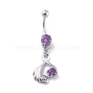 Piercing Jewelry, Brass Cubic Zirciona Navel Ring, Belly Rings, with 304 Stainless Steel Bar, Lead Free & Cadmium Free, Lilac, 47mm, Pendant: 25x15mm, Bar: 14 Gauge(1.6mm), Bar Length: 3/8"(10mm)(AJEW-EE0006-76B-P)