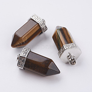 Natural Tiger Eye Pointed Pendants, with Brass Finding, Bullet, Platinum, 39x18mm, Hole: 4.5x5.5mm(G-E442-03B)
