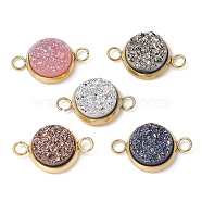 Resin Imitation Druzy Agate Connector Charms, Ion Plating(IP) 304 Stainless Steel Flat Round Links, Golden, 10x15.5x4mm, Hole: 2mm(PALLOY-JF02189-01)