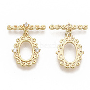 Brass Micro Pave Clear Cubic Zirconia Toggle Clasps, with Jump Rings, Nickel Free, Oval, Real 18K Gold Plated, Oval: 20.5x15.5x2.5mm, Hole: 1.2mm, Bar: 21x4x2.5mm, Hole: 1.2mm, Jump Ring: 5x0.8mm.(X-KK-T051-24G-NF)