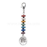 Tree of Life Tibetan Style Alloy Pendant Decorations, 7 Chakra Natural Lava Rock & Glass Seed Beads and Lobster Claw Clasps Charms, Antique Silver & Platinum, 77mm, Pendants: 59.5x17mm(HJEW-JM01662)