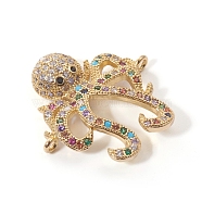 Brass Micro Pave Cubic Zirconia Links connectors, Octopus, Colorful, Golden, 22.5x23x5mm, Hole: 1.2mm(ZIRC-L090-040G)