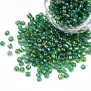 Round Trans. Colors Rainbow Glass Seed Beads, Dark Green, Size: about 3mm in diameter, hole: 1mm, about 1102pcs/50g(X-SEED-A007-3mm-167)