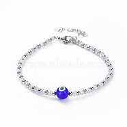 Evil Eye Lampwork Bead Bracelets, with Electroplate Glass & 304 Stainless Steel Beads, Lobster Claw Clasps and Heart Extender Chains, Round, WhiteSmoke, 7-1/4 inch(18.5cm)(BJEW-JB04396-03)